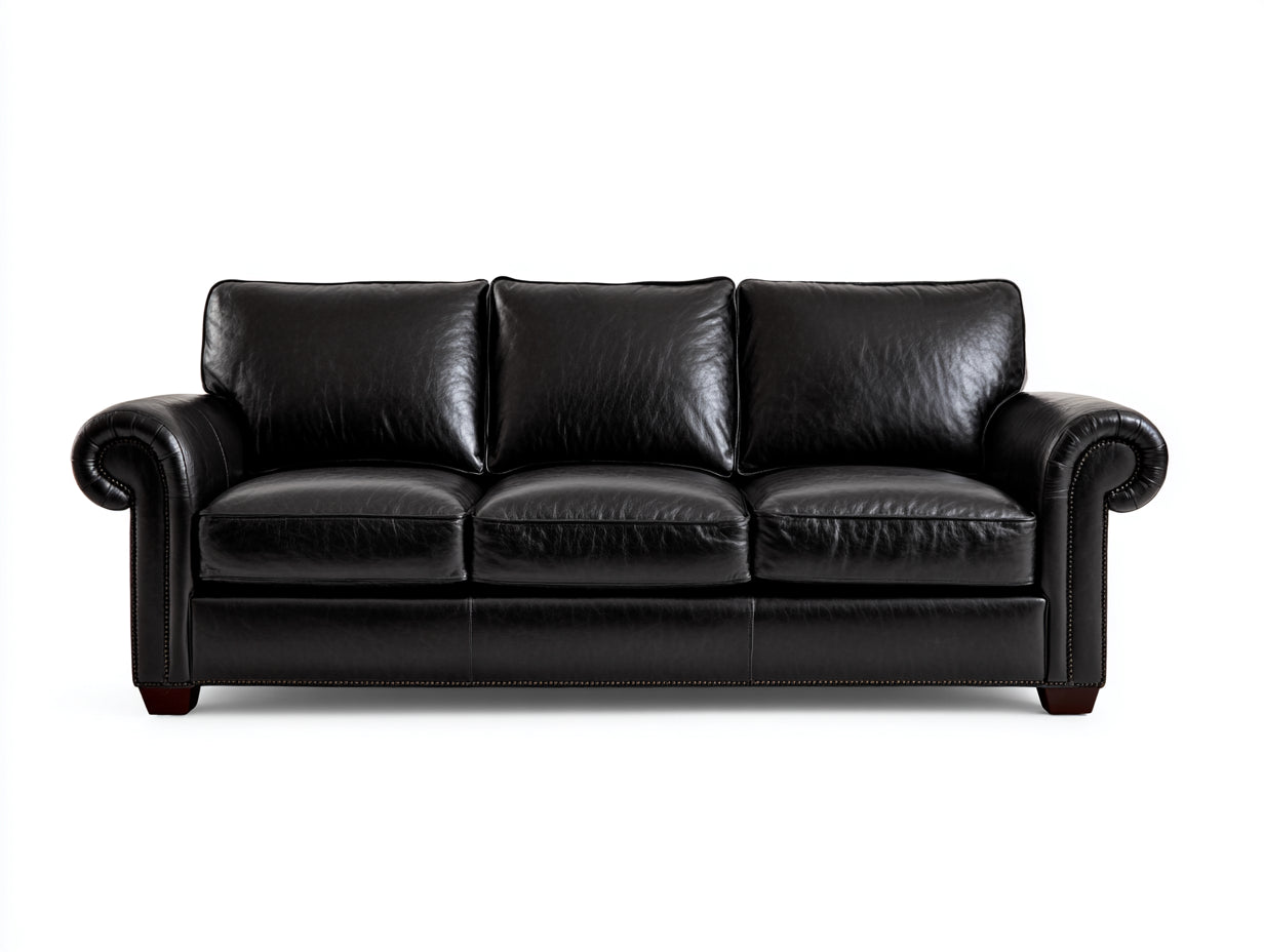 Sofás 3 plazas tapizado efecto piel 220x90x86 cm - negro - reposabrazos enrollados