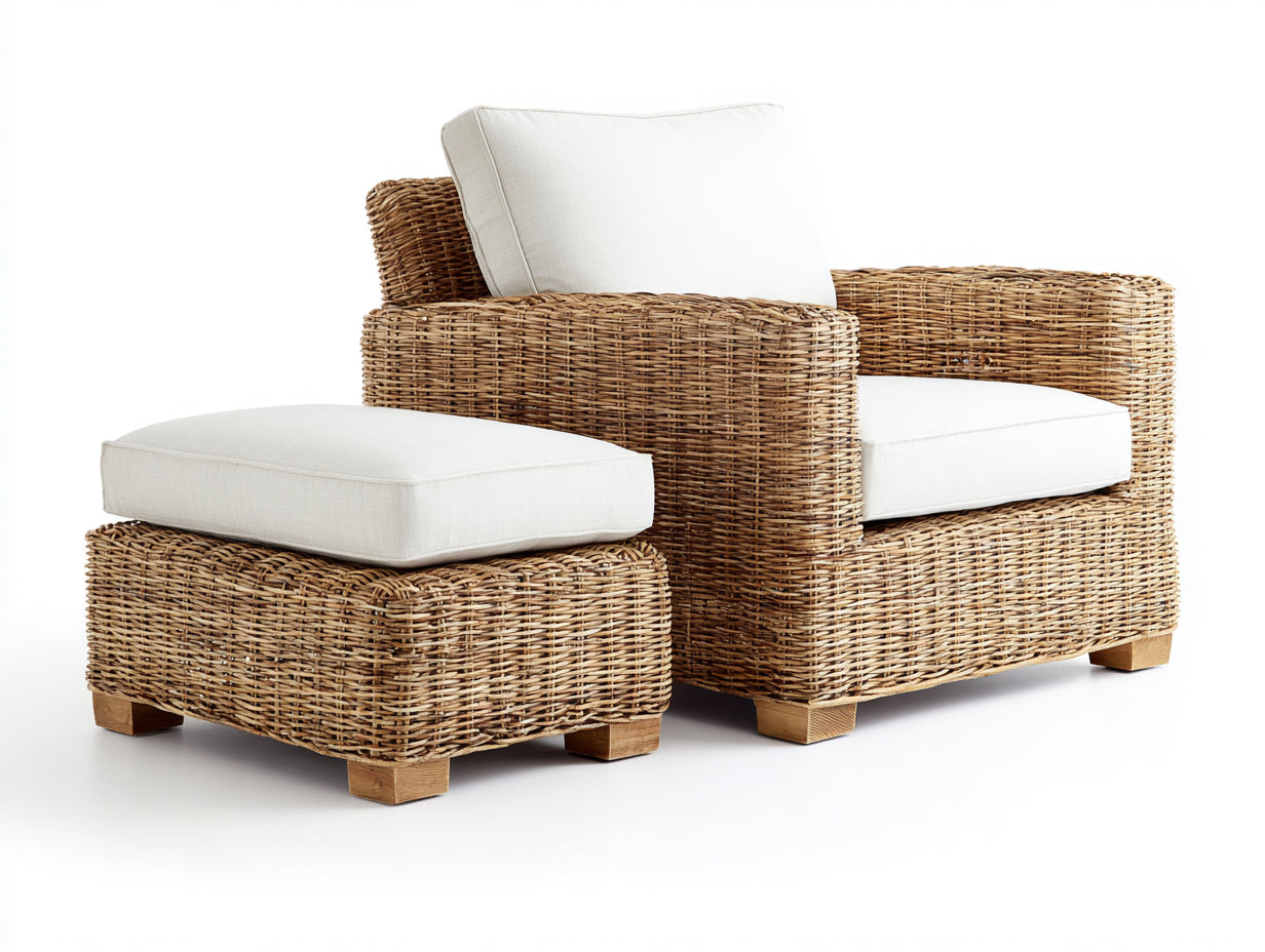 Sillones de ratán con reposapiés 86x82x82 cm - Marrón natural - diseño rústico para salón
