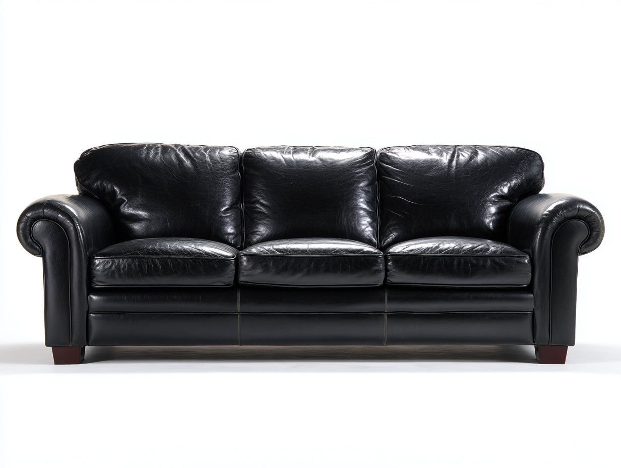 Sofás 3 plazas tapizado de aspecto cuero 220 x 95 x 88 cm - Negro - Diseño clásico con brazos redondeados para salón