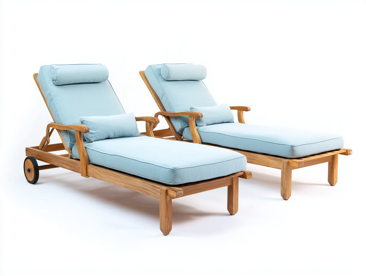 Tumbonas de madera 205x75x98 cm - azul claro y madera natural - respaldo regulable con reposabrazos y ruedas para exterior