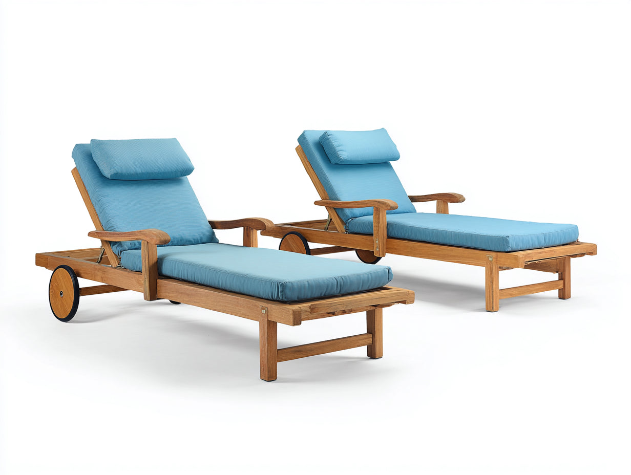 Set de 2 Tumbonas de madera 200x66x88 cm - azul claro y madera natural - reclinables con ruedas para jardín