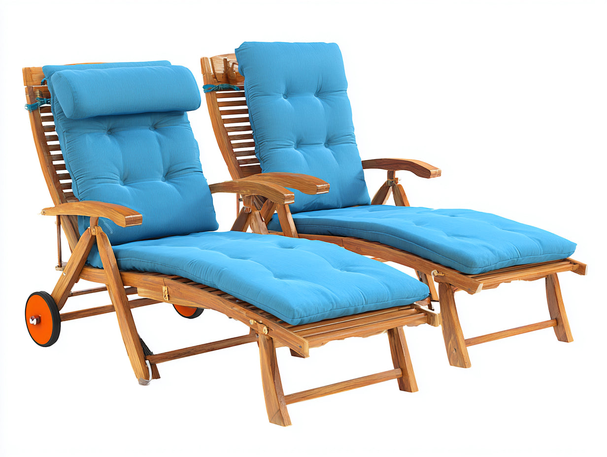 Set de 2 Tumbonas de madera 200x65x90 cm - azul y madera natural - reclinables con ruedas para jardín