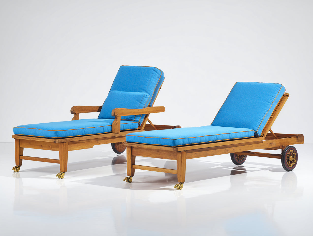 Tumbonas de madera set de 2 190x65x85 cm - madera natural y azul - respaldo regulable con ruedas