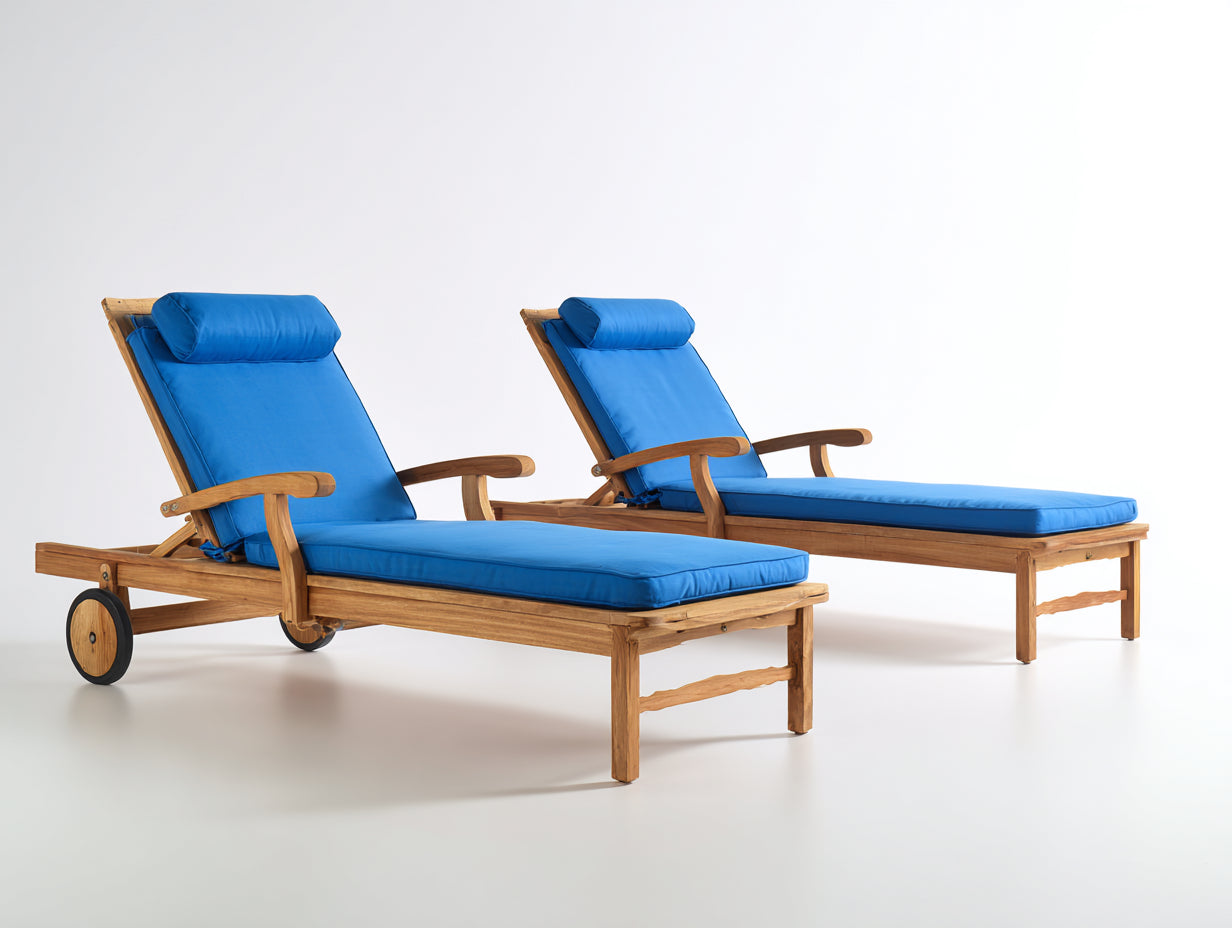 Tumbonas de madera 200 x 70 x 35 cm - Azul y natural - Pack de 2 para exterior con reposabrazos respaldo reclinable y ruedas