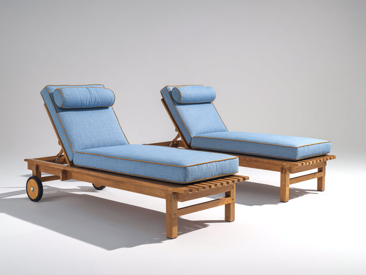 Tumbonas de madera 200x75x90 cm - Azul claro y madera natural - Juego de 2 con respaldo reclinable y ruedas