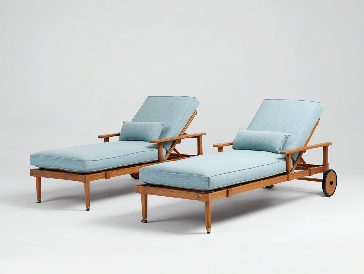 Tumbonas de madera 198x68x82 cm - Azul claro y madera natural - diseño reclinable con ruedas