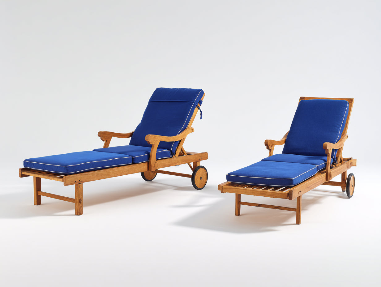 Tumbonas de madera 200x70x86 cm - Azul oscuro y madera natural - diseño reclinable con ruedas