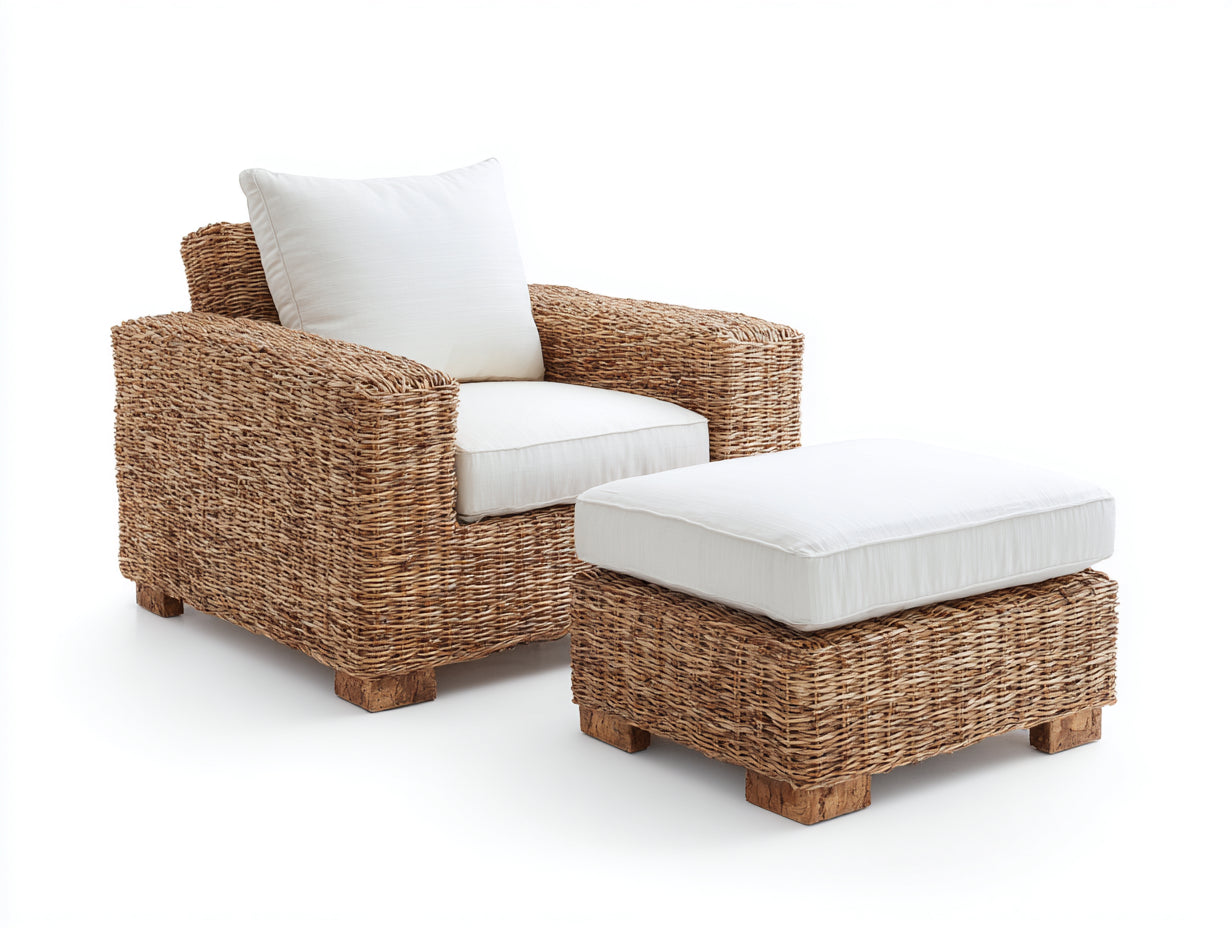 Sillones de ratán con reposapiés 94x90x84 cm - blanco y marrón natural - brazos anchos