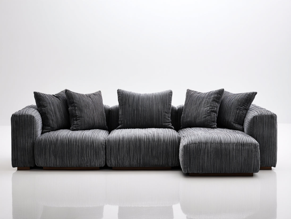 Sofás de esquina tapizado en pana 280x170x82 cm - gris oscuro y madera oscura - diseño modular para salón