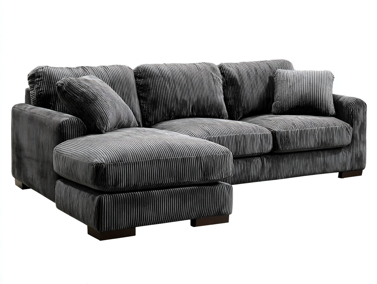 Sofás de esquina tapizado en pana 285x175x88 cm - Gris oscuro - Diseño moderno con chaise longue