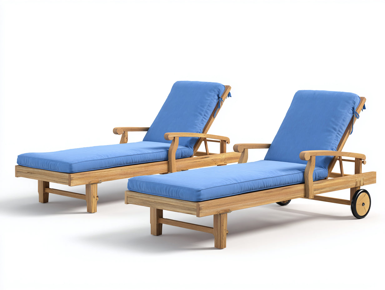 Tumbonas de madera pack de 2 con cojines azules 200x68x90 cm - con reposabrazos - respaldo ajustable
