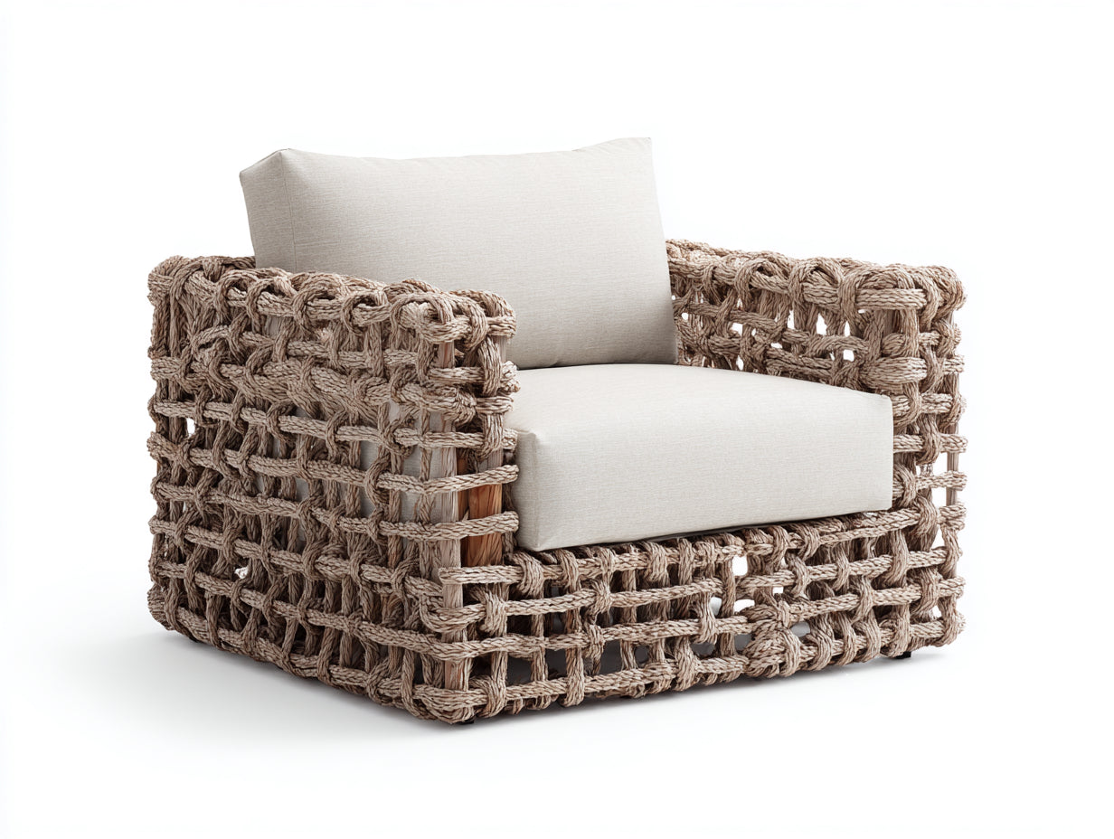 Sillones de ratán trenzado 98x90x80 cm - Beige y blanco - Diseño abierto con reposabrazos anchos