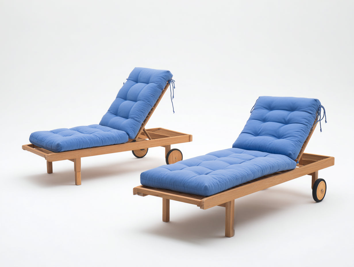 Tumbonas de madera 200 x 65 x 35 cm - Azul - Pack de 2 para exterior con respaldo reclinable y ruedas