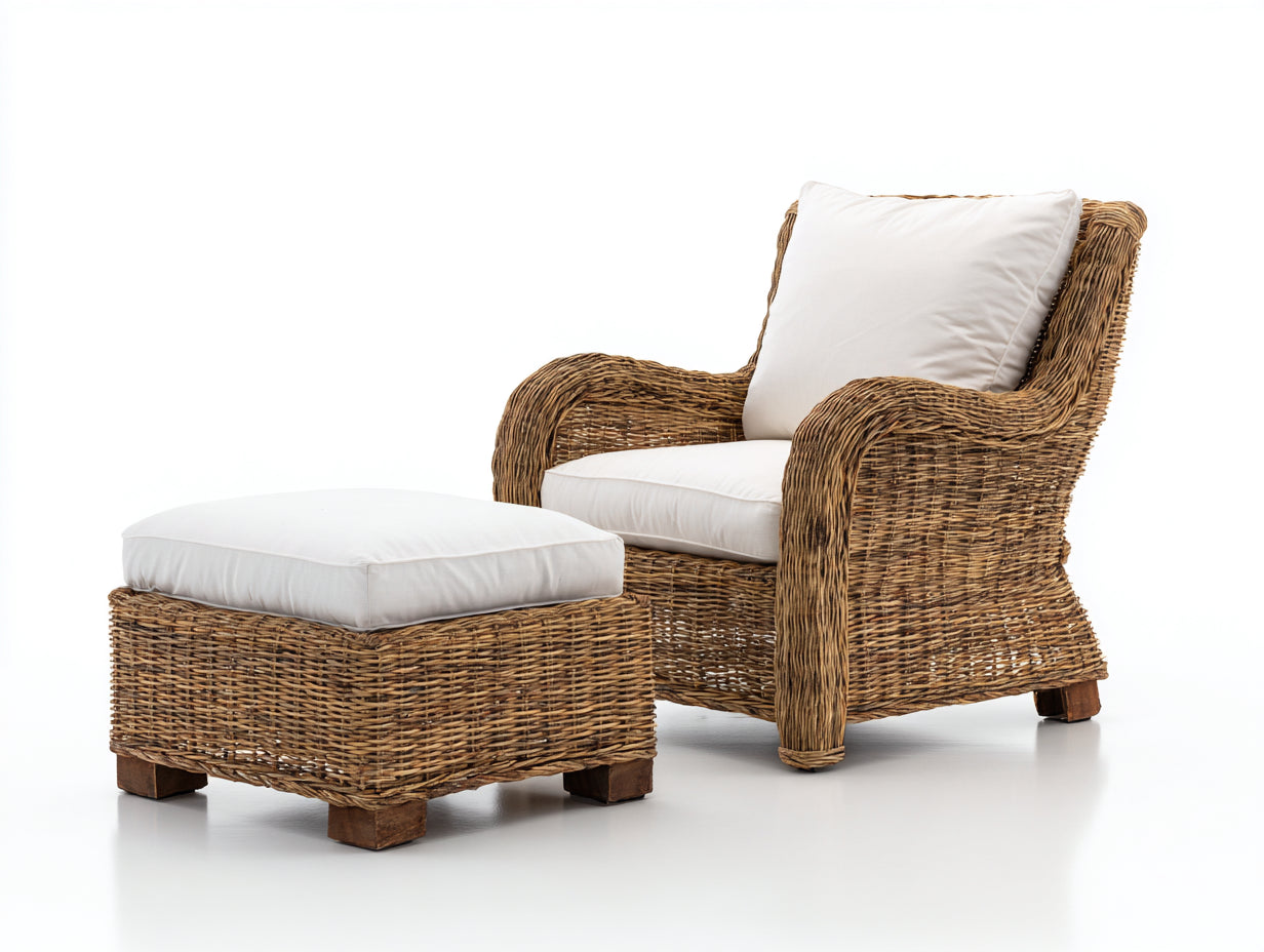 Sillones de ratán natural 78x82x86 cm - marrón miel y blanco - diseño con reposapiés
