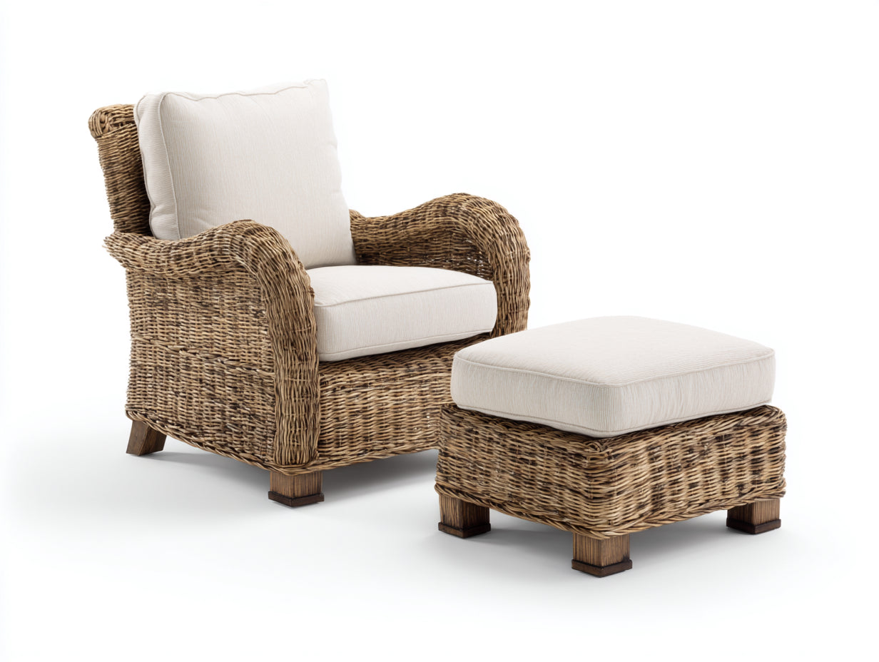 Sillones de ratán con reposapiés 82x78x88 cm - Marrón natural - diseño rústico para salón
