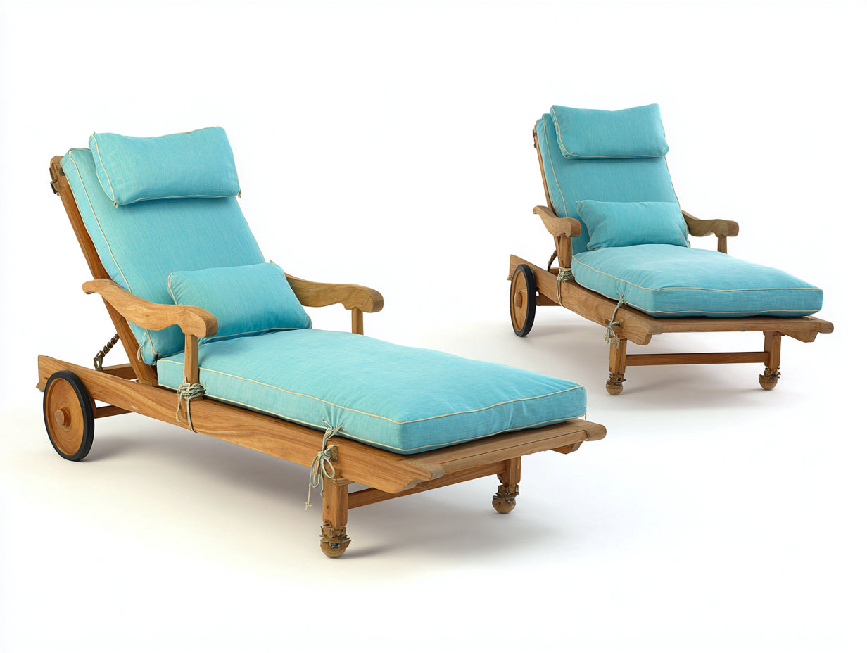Tumbonas de madera 200x78x100 cm - Azul turquesa y madera natural - Juego de 2 con respaldo reclinable y ruedas