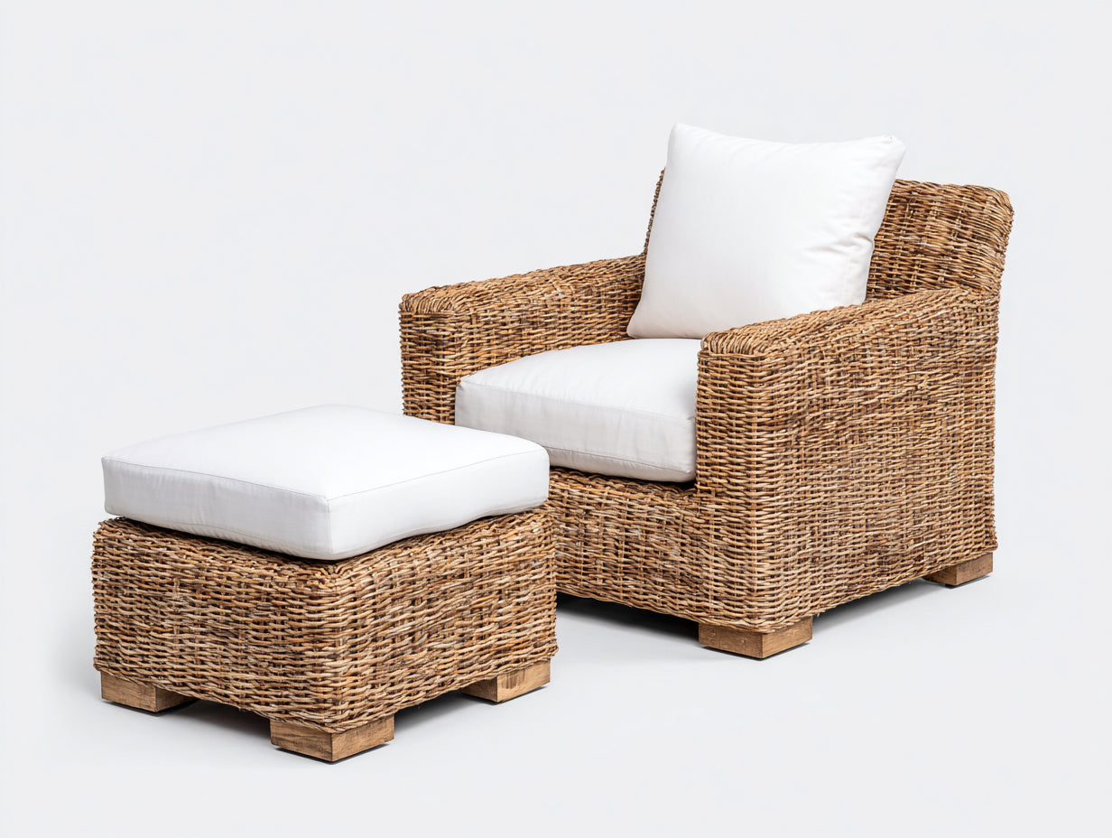 Sillones de ratán con reposapiés 88x86x90 cm - beige natural y blanco - diseño recto acolchado para salón