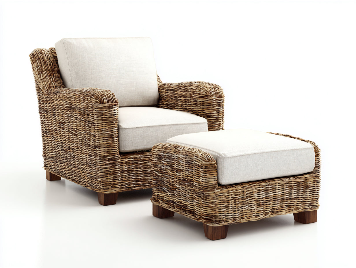 Sillones de ratán con reposapiés 94x90x84 cm - crema y marrón natural - patas de madera