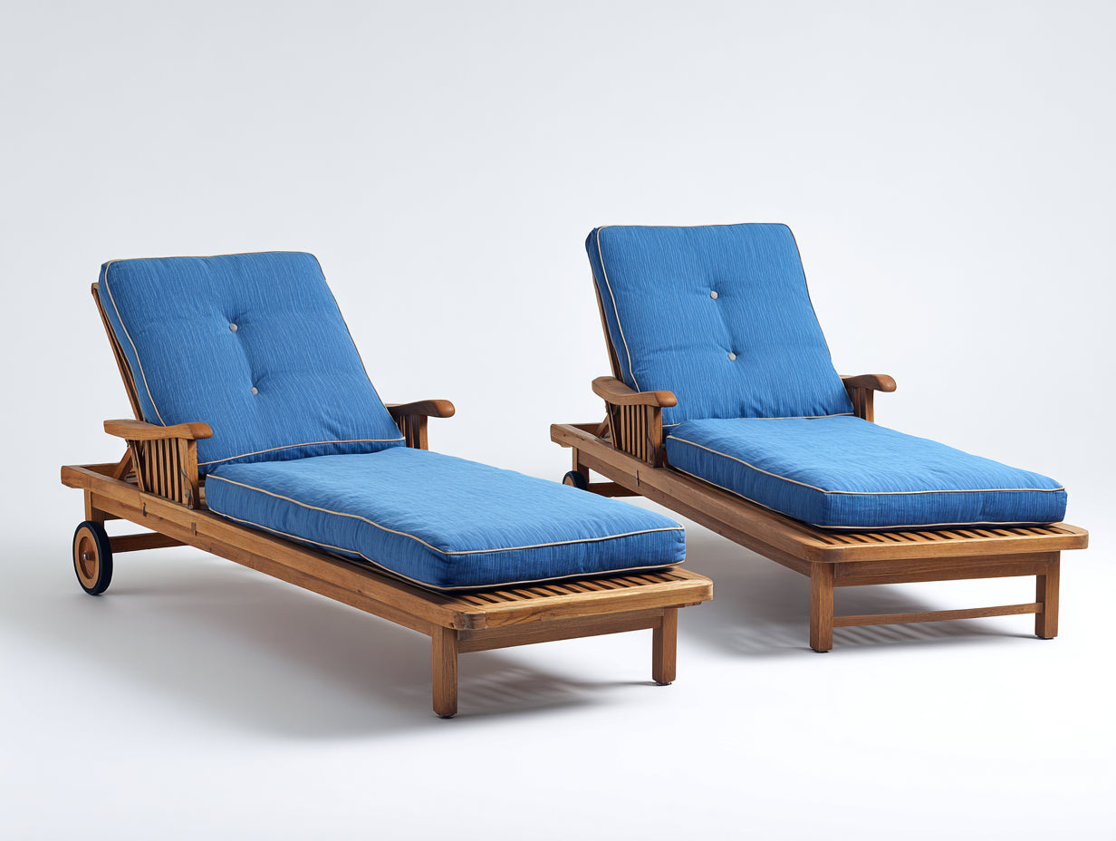 Tumbonas de madera set de 2 190x68x86 cm - madera natural y azul - respaldo regulable con ruedas