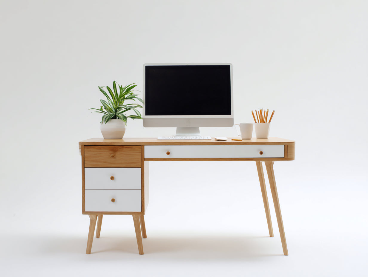 Mesas de oficina madera 120x55x76 cm - blanco y roble natural - diseño nórdico con 2 cajones