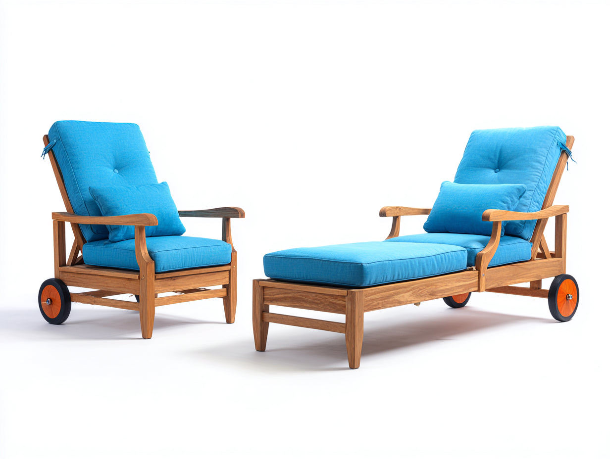 Juego de 2 Tumbonas de madera maciza 200x70x95 cm - azul y madera natural - respaldo inclinado con ruedas