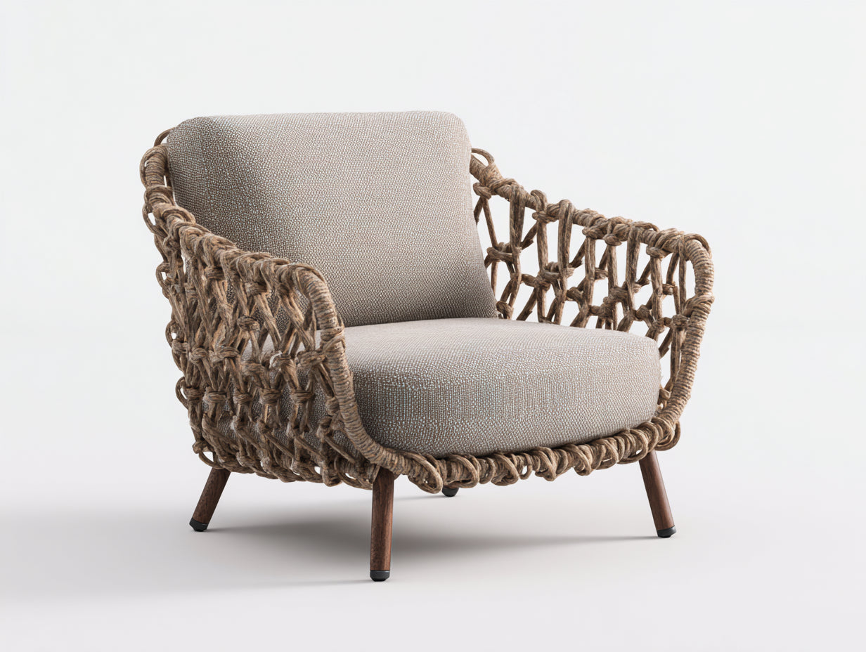Sillones de ratán individual 82x80x76 cm - beige y marrón natural - trama de cuerda abierta
