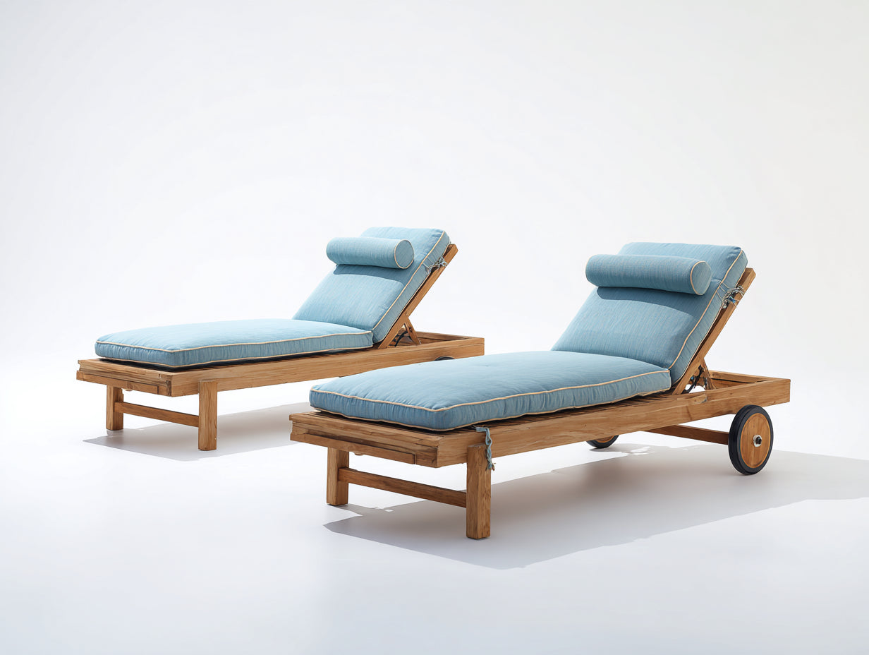 Tumbonas de madera 200x70x95 cm - azul claro y madera natural - respaldo regulable con ruedas para exterior