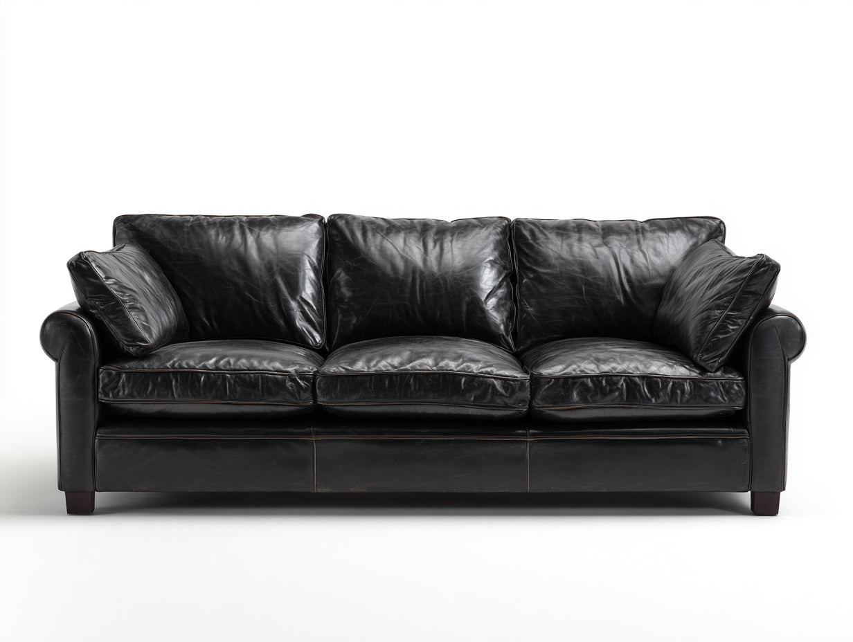 Sofás 3 plazas tapizado efecto cuero 235x98x88 cm - Negro - Diseño clásico con reposabrazos redondeados